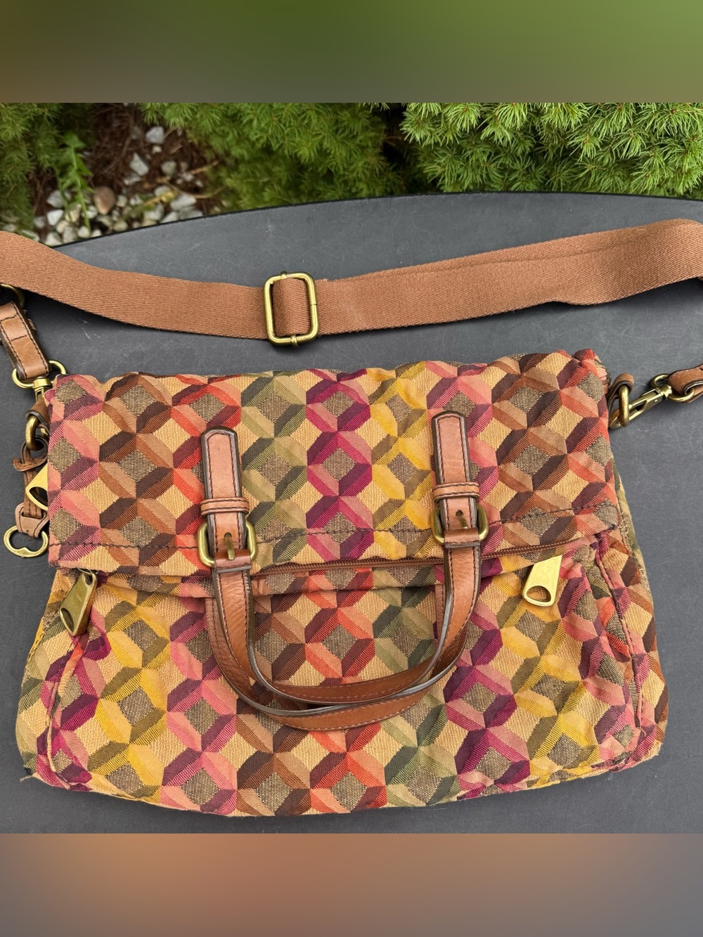 Fossil Vintage Explorer Geometric Tapestry Foldover Crossbody Bag